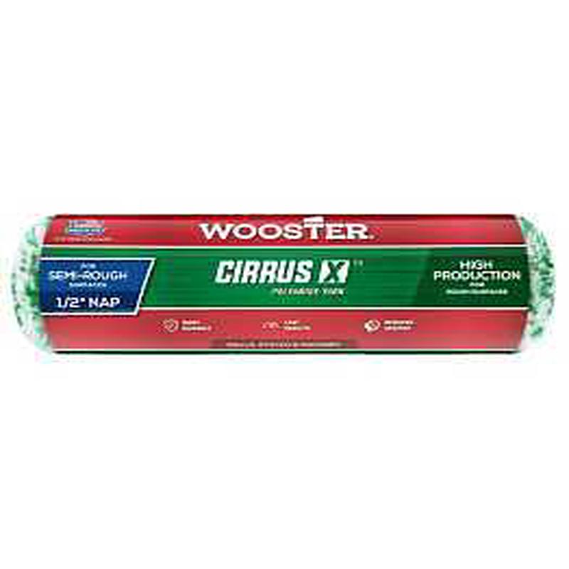 Wooster Cirrus X Series R184-9 Roller Cover, 1/2 in Thick Nap, 9 in L, Polyamide Yarn Fabric/Polypropylene Cover