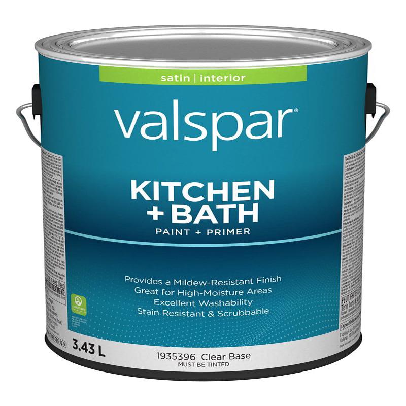 Valspar 029.1935396.007 Kitchen and Bath Interior Paint and Primer, Satin, Clear, 1 gal
