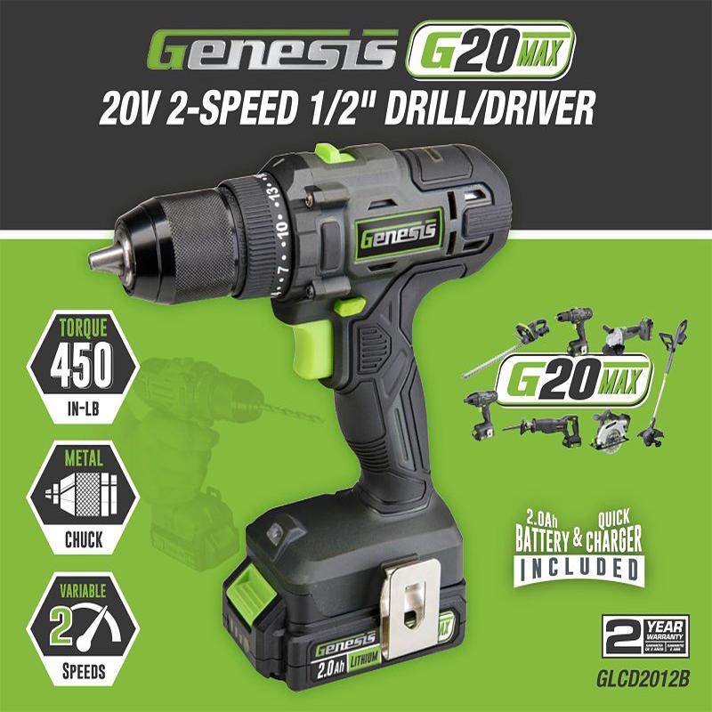 Genesis GLCD2012B Drill Driver, Battery Included, 20 V, 2 Ah, 1/2 in Chuck, Ratcheting Chuck