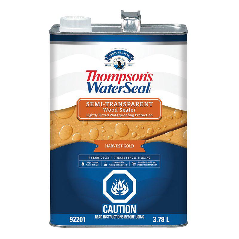 Thompson's WaterSeal THCP92201-16 Wood Sealer, Semi-Transparent, Liquid, Harvest Gold, 1 gal, Can