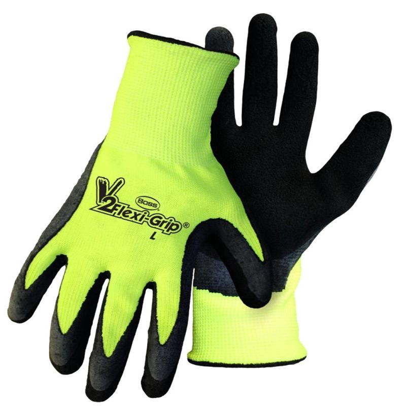 Boss Tactile Grip Series B31282-M3P Coated Gloves, M, Knit Wrist Cuff, Latex Coating, Polyester, Black/Hi-Viz Yellow