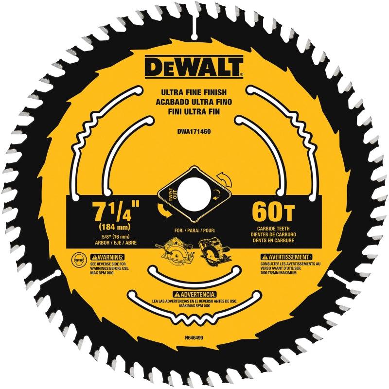 DEWALT DWA171460B10 Circular Saw Blade, 7-1/4 in Dia, 5/8 in Arbor, 60-Teeth, Applicable Materials: Wood
