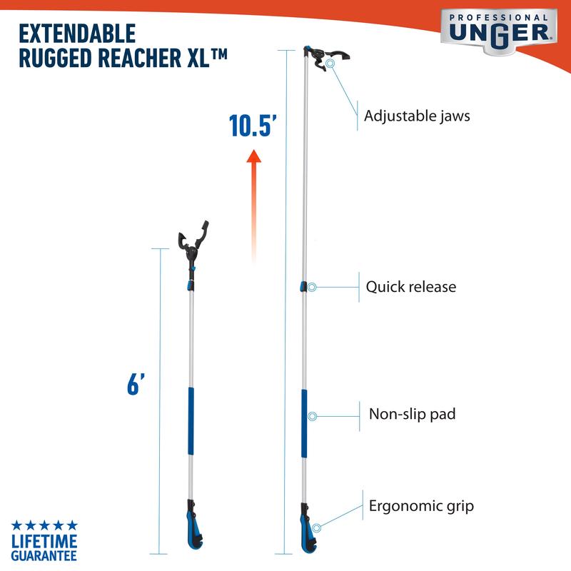 Unger Professional 981340 Rugged Reacher XL Grabber, 6 to 10.5 ft L Handle