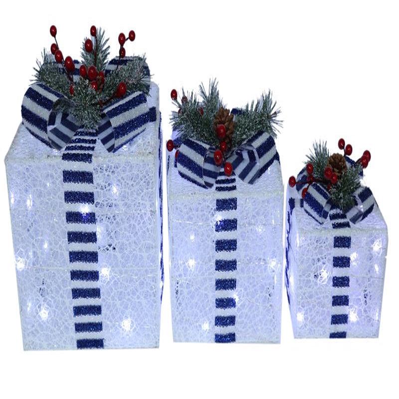 Santas Forest 56924 Pre-Lit Mesh Gift Box, Blue/White, LED, Internal Light