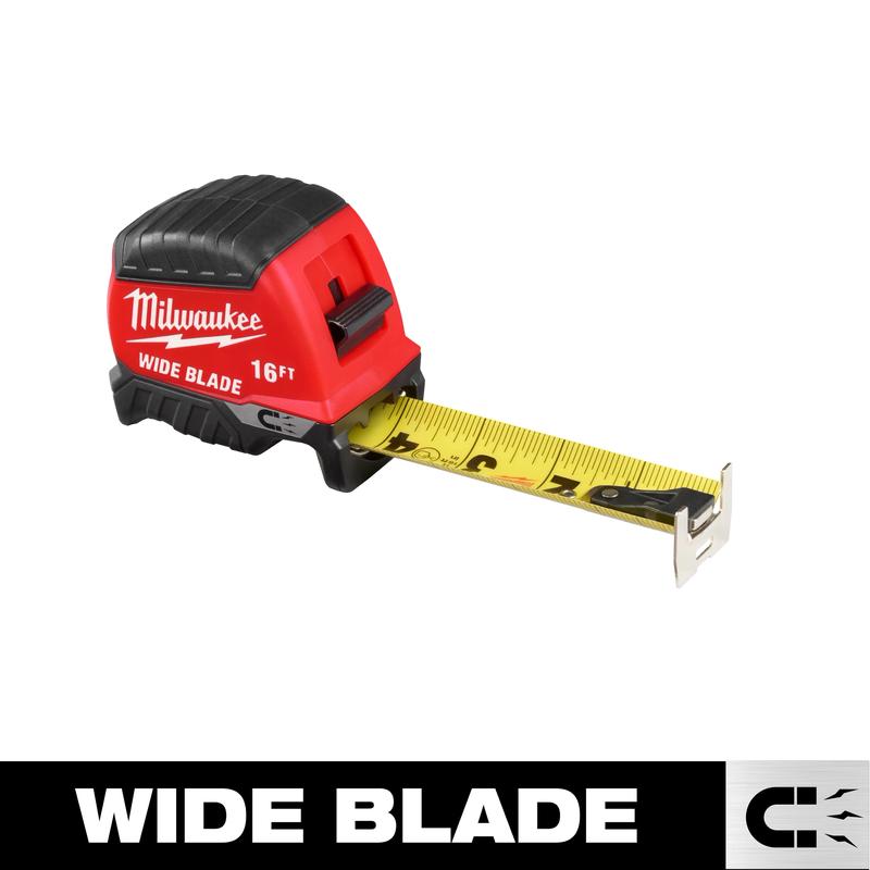Milwaukee 48-22-1216M Tape Measure, Wide Blade, 16 ft L Blade, 1-5/16 in W Blade, Steel Blade, ABS Case, Black/Red Case