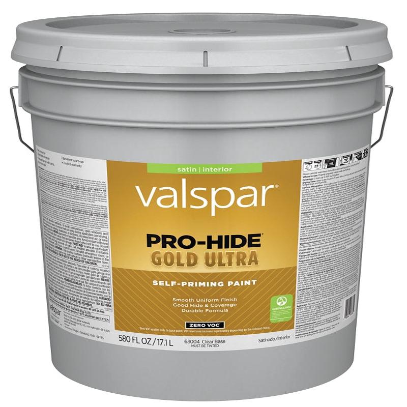 Valspar Pro-Hide Gold Ultra 6300 028.0063004.008 Latex Paint, Acrylic Base, Satin, Clear Base, 5 gal