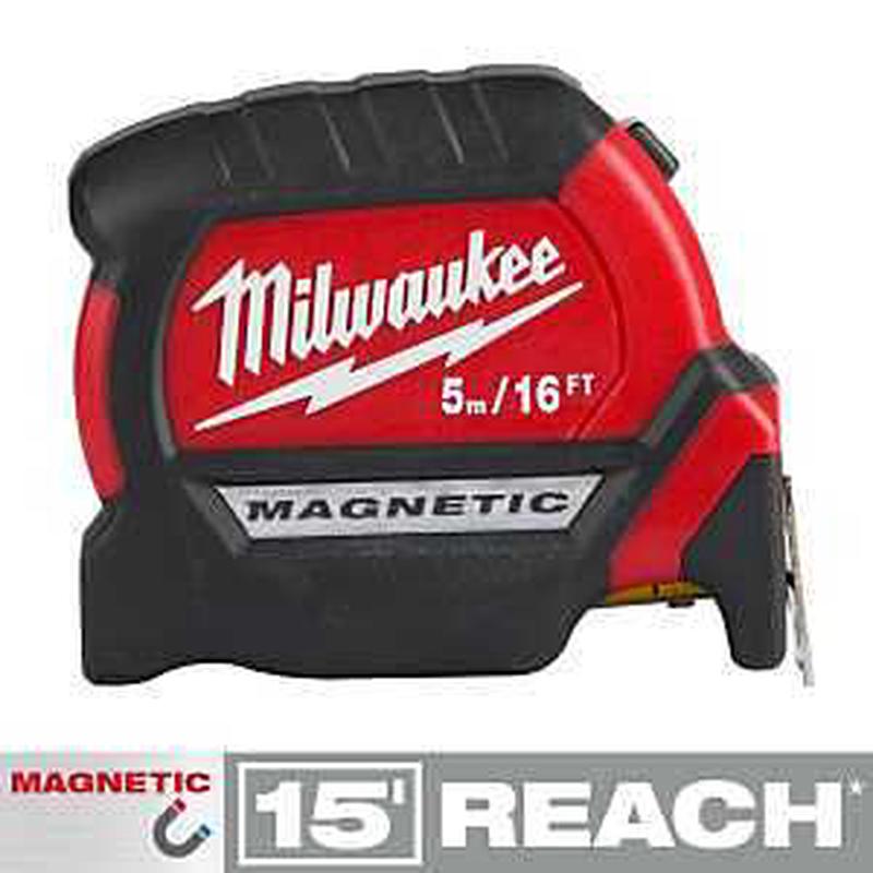 Milwaukee 48-22-1017M Tape Measure, 5 m, 16 ft L Blade, 1-1/8 in W Blade, Steel Blade, ABS Case, Black/Red Case