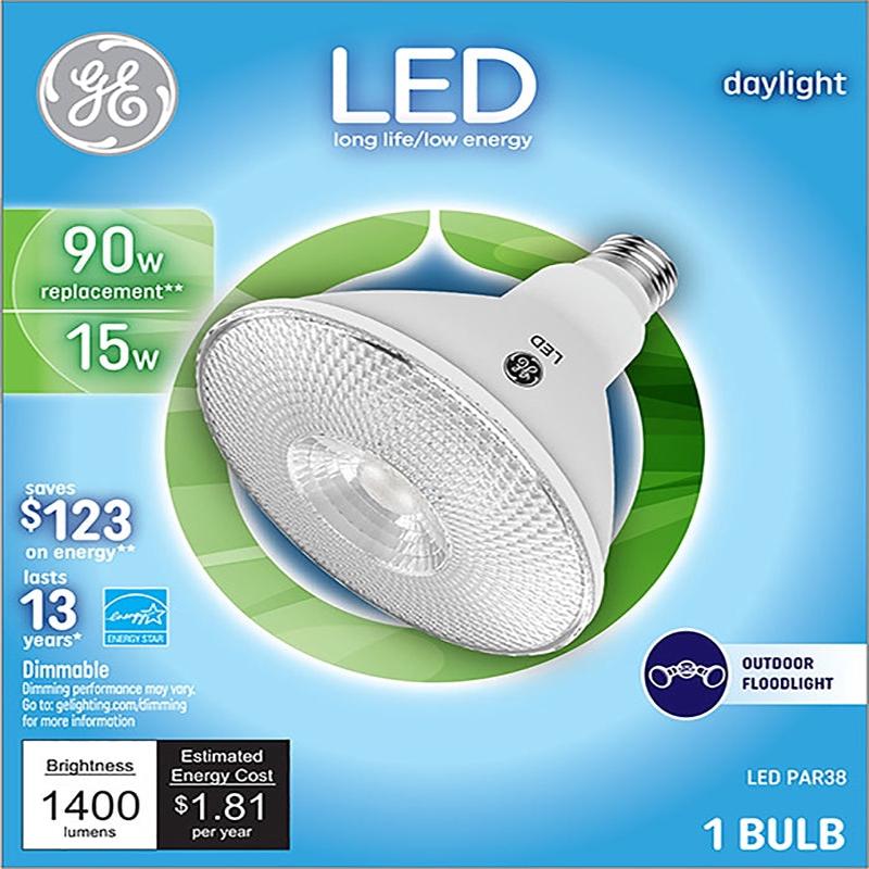 GE 38453 LED Bulb, Flood/Spotlight, 1400 Lumens, 15 W, PAR38 Lamp, 90 W Equivalent, E26 Lamp Base, Dimmable, Daylight