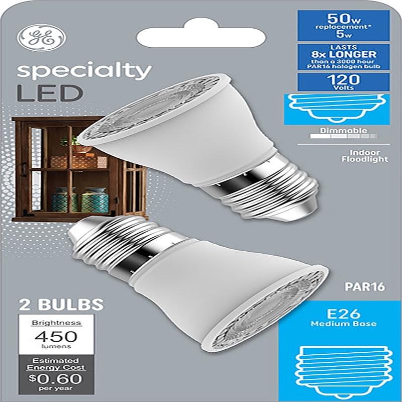 GE Industrial Solutions 29076 LED Bulb, Flood/Spotlight, PAR16 Lamp, 50 W Equivalent, E26 Lamp Base, Dimmable, Clear
