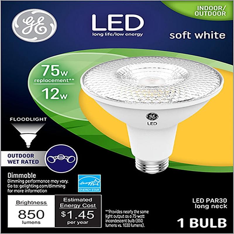 GE Industrial Solutions 38446 LED Bulb, Flood/Spotlight, 850 Lumens, 12 W, PAR30L Lamp, 75 W Equivalent, E26 Lamp Base