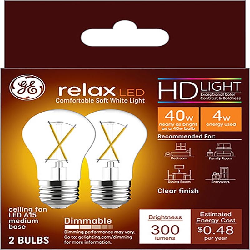 GE Relax 31313 Replacement Bulb, A15 Lamp, 40 W Equivalent, Medium (E26) Lamp Base, Dimmable, Clear, Soft White Light