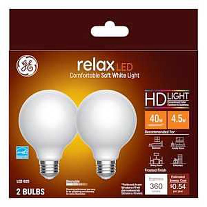 GE 31541 Relax LED Bulb, Globe, G25 Lamp, 40 W Equivalent, E26 Lamp Base, Dimmable, Frosted, Soft White Light