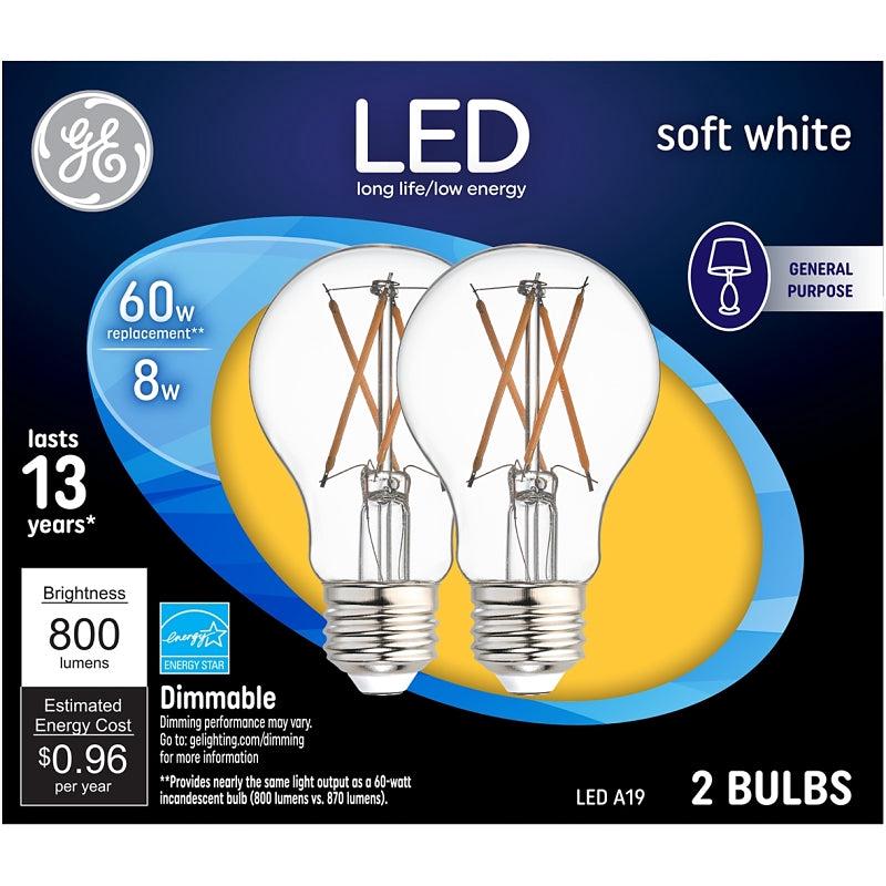 GE 93098656 Light Bulb, General-Purpose, A19 Lamp, 60 W Equivalent, Medium Lamp Base, Dimmable, Clear, Soft White Light