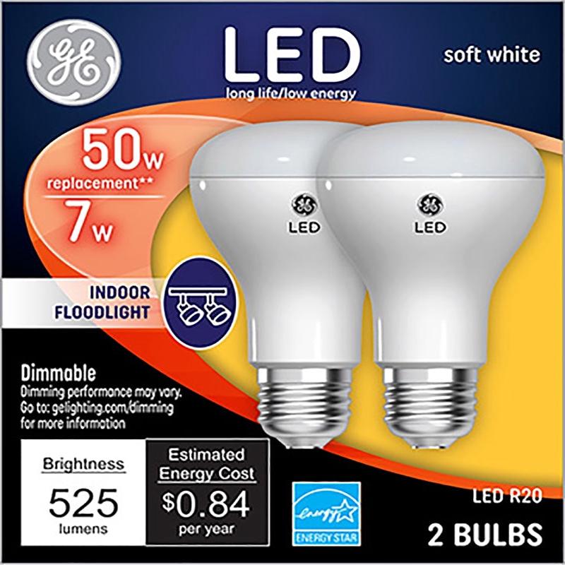 GE 93116048 Light Bulb, Directional, R20 Lamp, 50 W Equivalent, Medium Lamp Base, Dimmable, Clear, Soft White Light