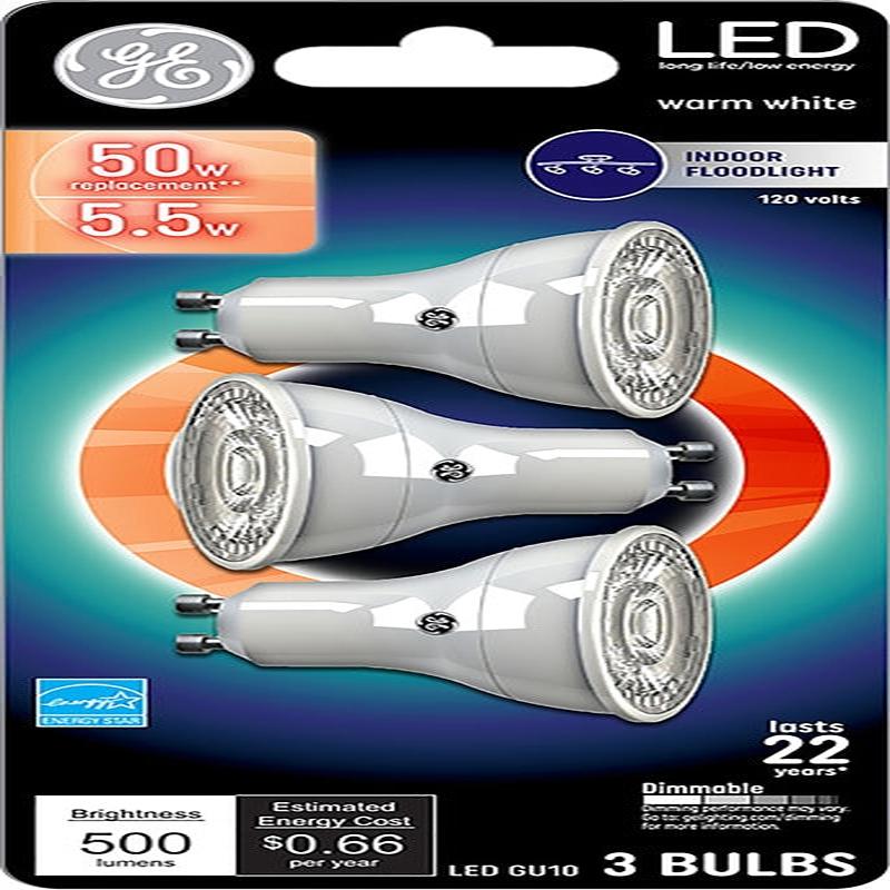 GE 93120813 Floodlight Bulb, Recessed, MR16 Lamp, 50 W Equivalent, GU10 Lamp Base, Dimmable, Clear, Clear Light