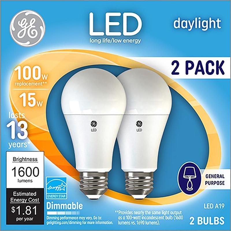 GE 93127672 Light Bulb, A19 Lamp, 100 W Equivalent, Medium Lamp Base, Dimmable, Daylight, 5000 K Color Temp