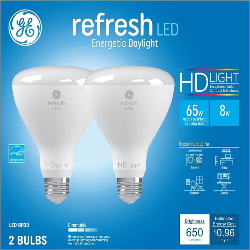 GE 93129888 LED Bulb, BR30 Lamp, 65 W Equivalent, E26 Lamp Base, Dimmable, Daylight Light, 5000 K Color Temp