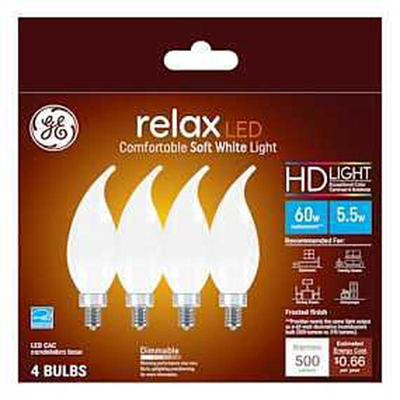 GE Industrial Solutions 36986 LED Bulb, Decorative, 500 Lumens, 5.5 W, CAC Lamp, E12 Lamp Base, Dimmable, Frosted