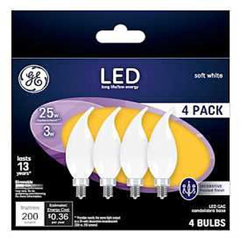 GE Industrial Solutions 37319 LED Bulb, Decorative, 200 Lumens, 3 W, CAC Lamp, E12 Lamp Base, Dimmable, Frosted