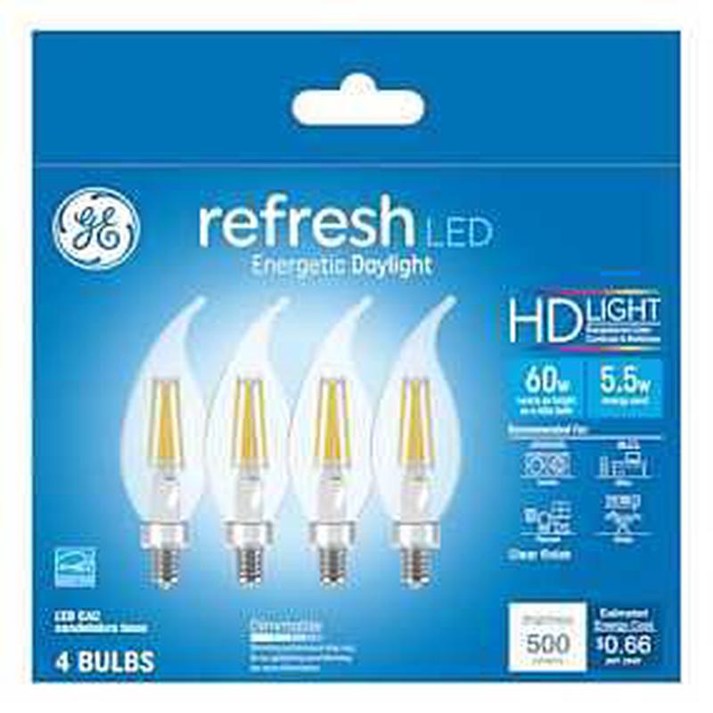 GE Industrial Solutions 43245 LED Bulb, Decorative, 500 Lumens, 5.5 W, CAC Lamp, E12 Lamp Base, Dimmable, Clear