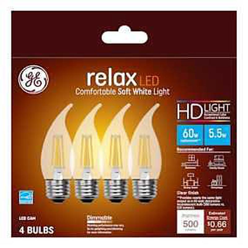 GE Industrial Solutions 43255 LED Bulb, Decorative, 500 Lumens, 5.5 W, CAM Lamp, E26 Lamp Base, Dimmable, Clear