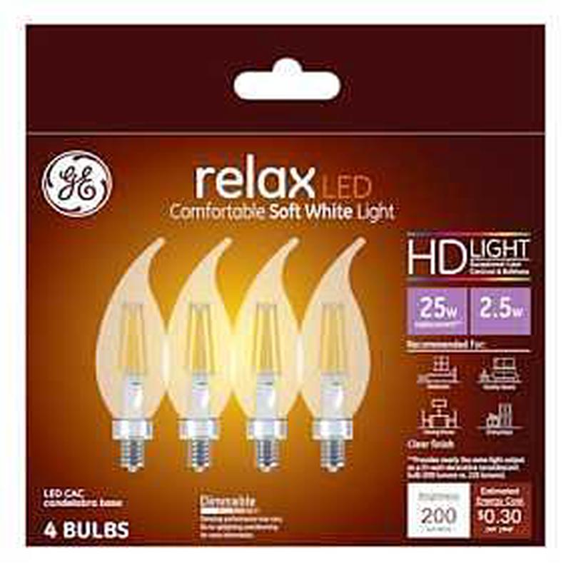 GE Industrial Solutions 45555 LED Bulb, Decorative, 200 Lumens, 2.5 W, CAC Lamp, E12 Lamp Base, Dimmable, Soft White