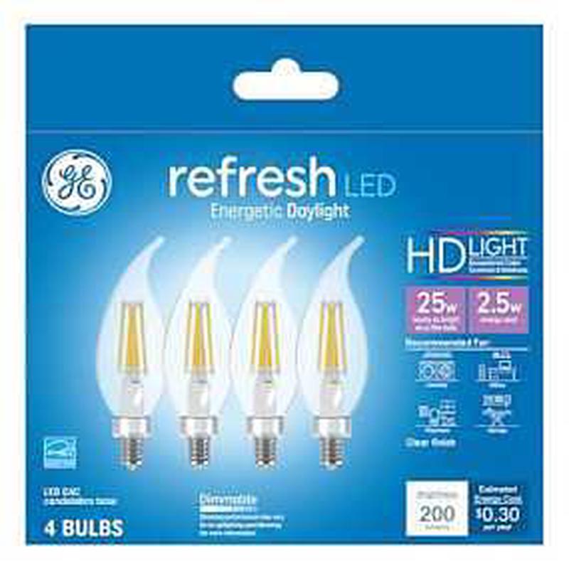 GE Industrial Solutions 45567 LED Bulb, Decorative, 200 Lumens, 2.5 W, CAC Lamp, E12 Lamp Base, Dimmable, Clear