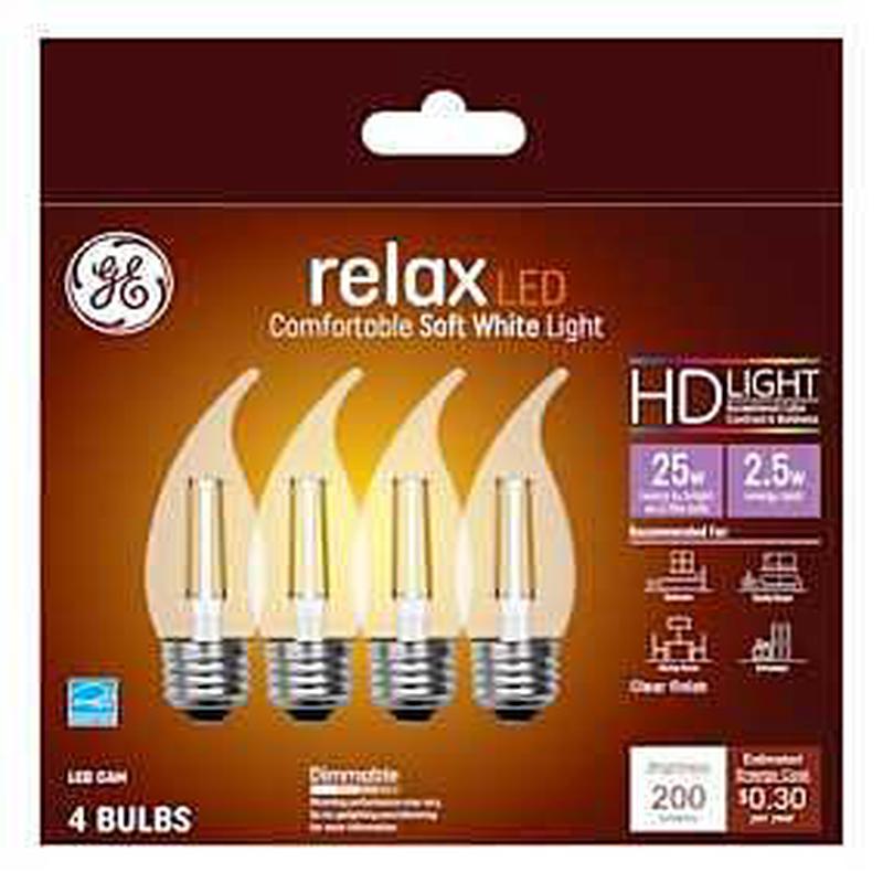 GE Industrial Solutions 45576 LED Bulb, Decorative, 200 Lumens, 2.5 W, CAM Lamp, E26 Lamp Base, Dimmable, Clear