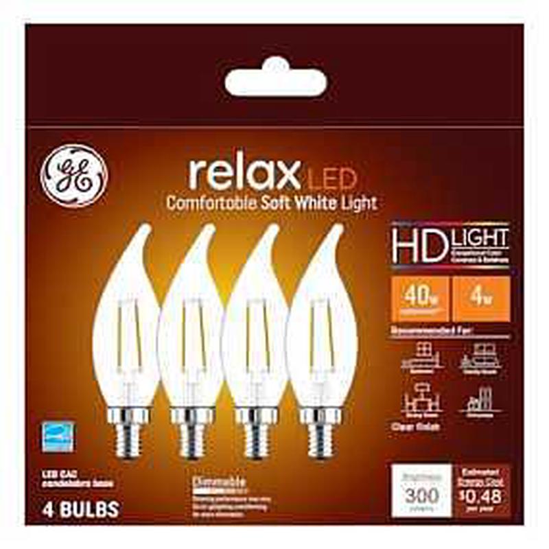 GE Industrial Solutions 45640 LED Bulb, Decorative, 300 Lumens, 4 W, CAC Lamp, E12 Lamp Base, Dimmable, Soft White