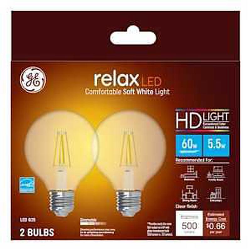 GE Relax Series 31544 Replacement LED Light Bulb, G25 Lamp, 60 W Equivalent, E26 Medium Lamp Base, Dimmable, Clear