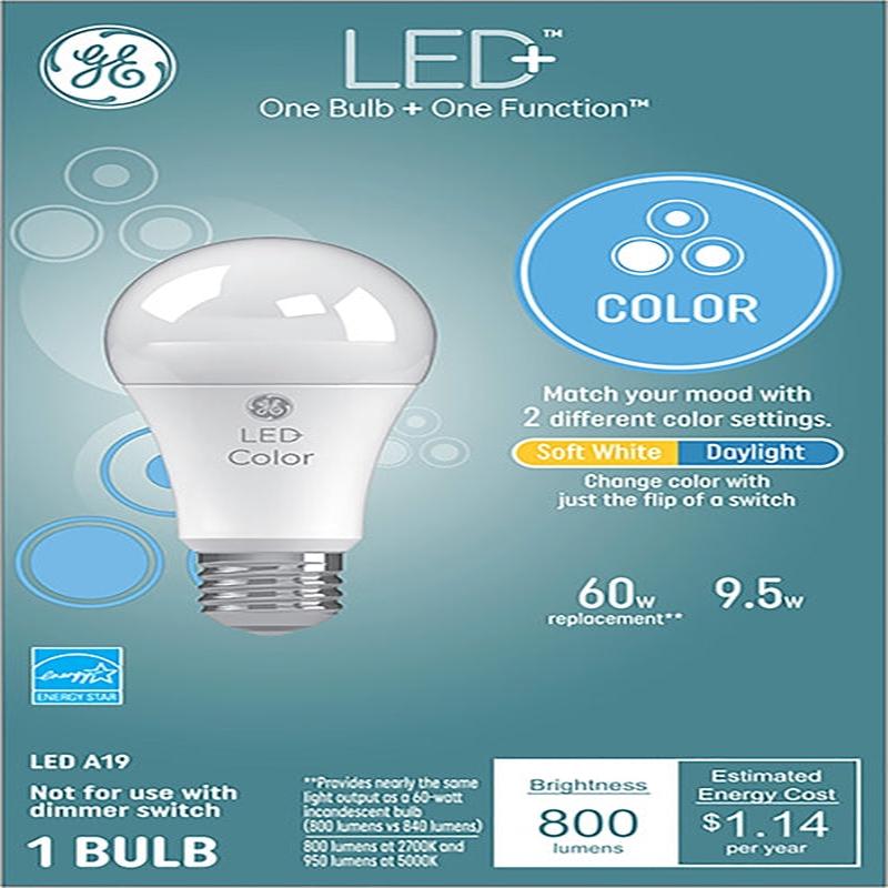 GE 93100289 LED Bulb, General Purpose, A19 Lamp, 60 W Equivalent, E26 Lamp Base, Frosted, Daylight/Soft White Light