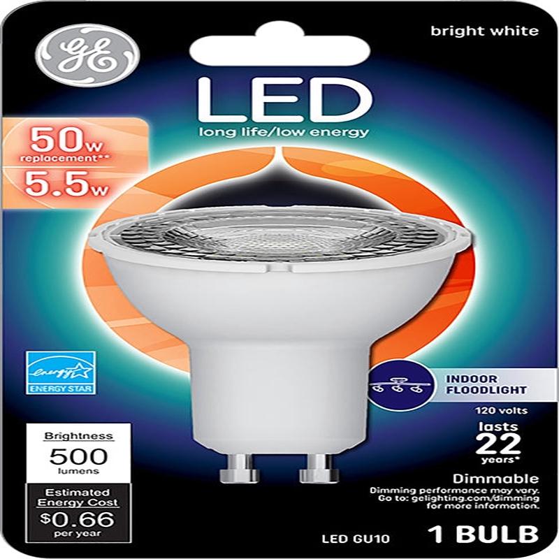 GE 93120809 Floodlight Bulb, MR16 Lamp, 50 W Equivalent, GU10 Lamp Base, Dimmable, White, Bright White Light