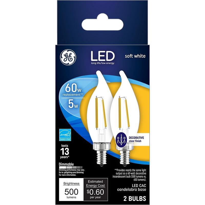 GE 93129334 Light Bulb, Decorative, CAC Lamp, 60 W Equivalent, Candelabra (E12) Lamp Base, Dimmable, Clear