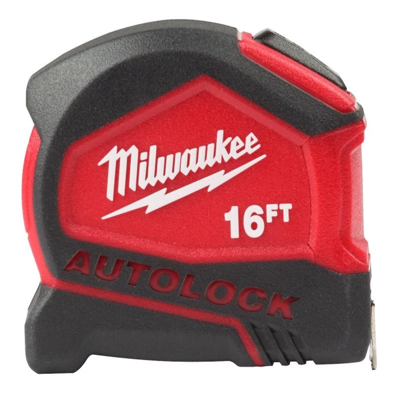 Milwaukee 48-22-1816 Auto-Lock Tape Measure, 16 ft L Blade, 1 in W Blade, Steel Blade, ABS Case, Black/Red Case