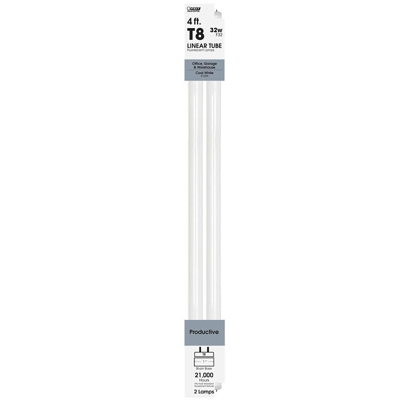 Feit Electric F32T8/941/2 Fluorescent Bulb, 32 W, T8 Lamp, Medium Bi-Pin G13 Lamp Base, 2600 Lumens, 4100 K Color Temp, 2Pack