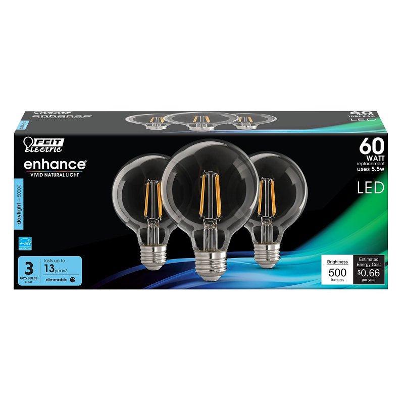 Feit Electric G2560/950CA/FIL/3/RP LED Bulb, Globe, 500 Lumens, 5.5 W, G25 Lamp, 60 W Equivalent, E26 Lamp Base, Clear