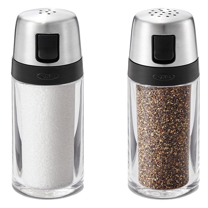 Oxo 1234780 Salt/Pepper Shaker Set, 2 oz Capacity, Plastic/Stainless Steel, Clear