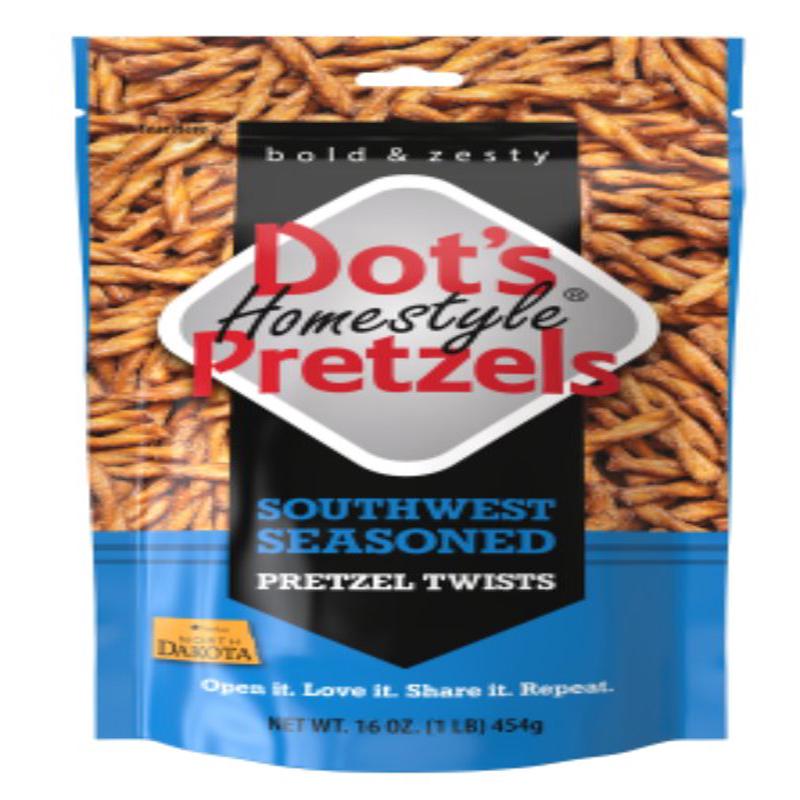 Dot's Homestyle Pretzels 5002- DP Southwest Seasoned Pretzel Twists, Artificial Butter, 16 oz Bag